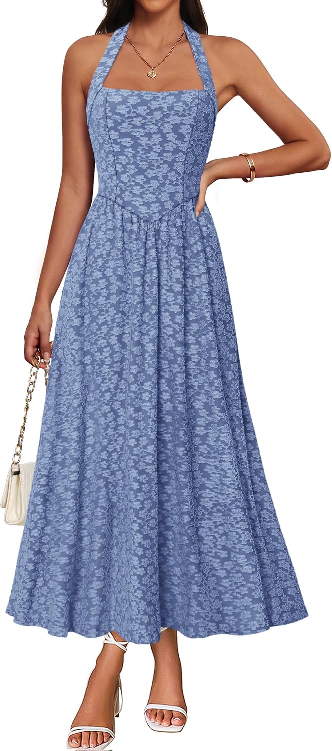 IWD Backless Dress for Women with Jacquard for Summer | Flowy A Line, Floral Textured, Adjustable Halter, Fitted High Waist Sleeveless, Casual Formal Cocktail, Side Pockets