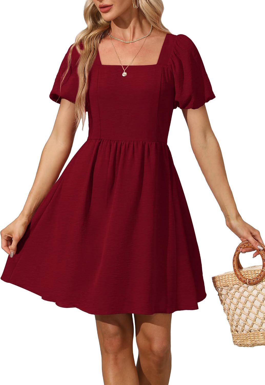 OFEEFAN Women Puff Sleeve Square Neck Tie in Back Dresses with Zipper
