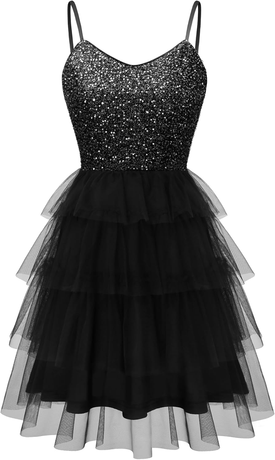 Dressystar 2026 Women's Sequin Prom Mini Homecoming Dresses for Teens | Backless Tiered Tulle, Short A Line Glitter, Sparkly Hoco Cocktail Dress for Women, Adjustable Spaghetti Strap, Formal Party
