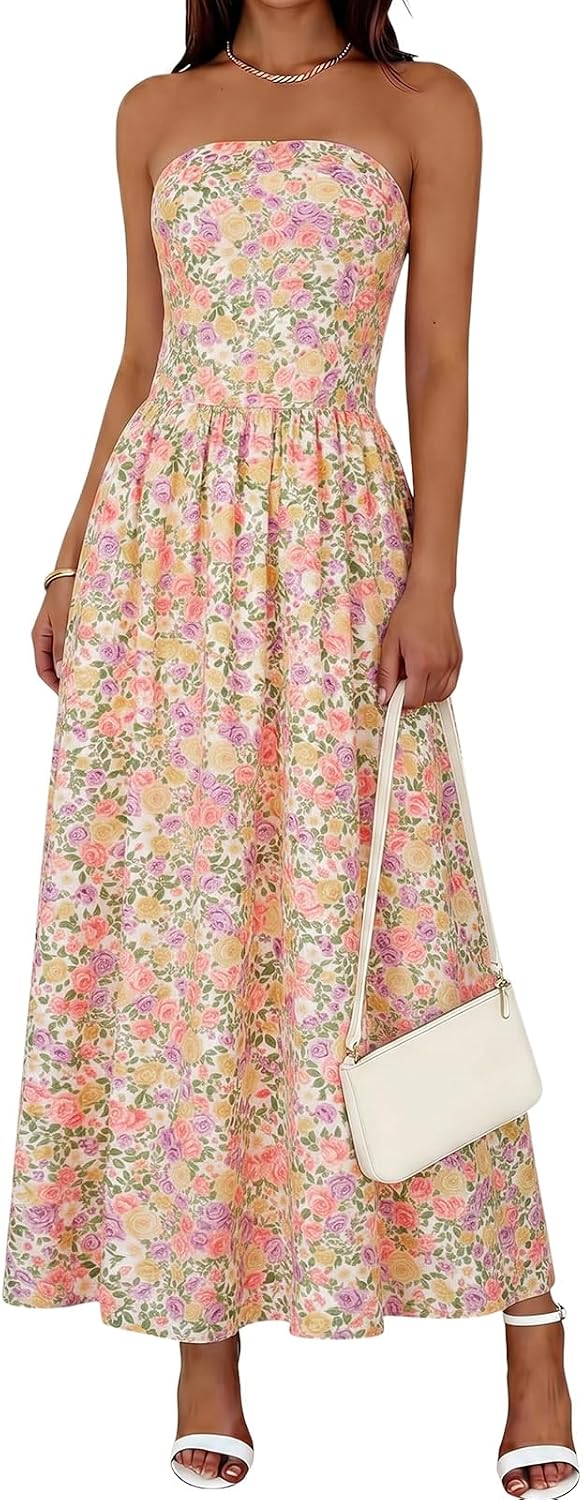 Wenrine Womens Strapless Maxi Dress Summer Polka Dot Long Tube Dresses | Polkadot, Tube Top, Sleeveless, A Line, Flowy, Fit and Flare, Beach, Vacation