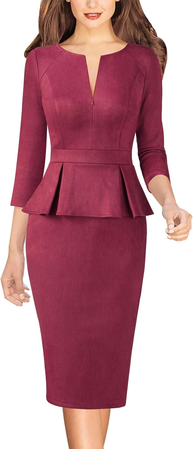 VFSHOW Womens Work Business Office Front Zipper Peplum Church Sheath Dress | 3\/4 Sleeves, Elegant, Spring Fall, Church, Funeral, Slimming Fitted Bodycon Dresses