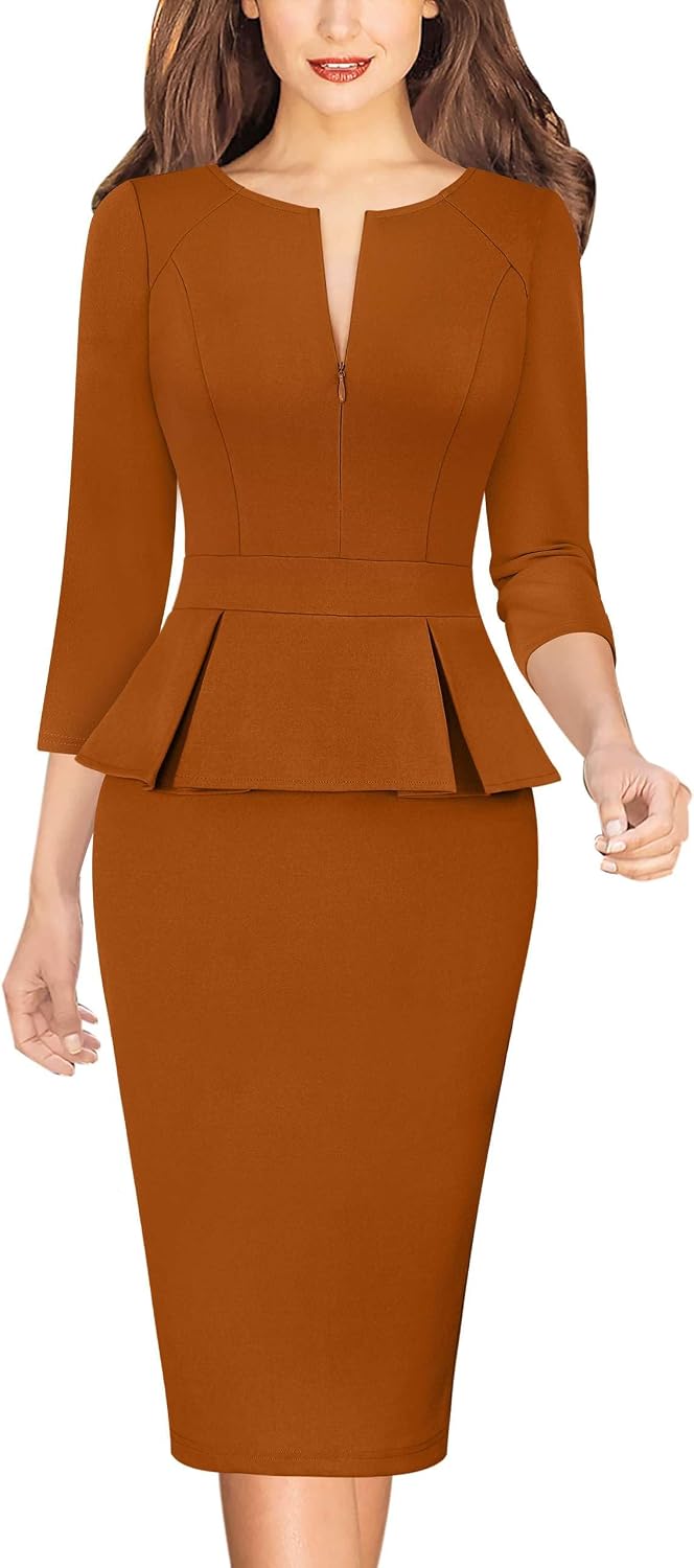 VFSHOW Womens Work Business Office Front Zipper Peplum Church Sheath Dress | 3\/4 Sleeves, Elegant, Spring Fall, Church, Funeral, Slimming Fitted Bodycon Dresses