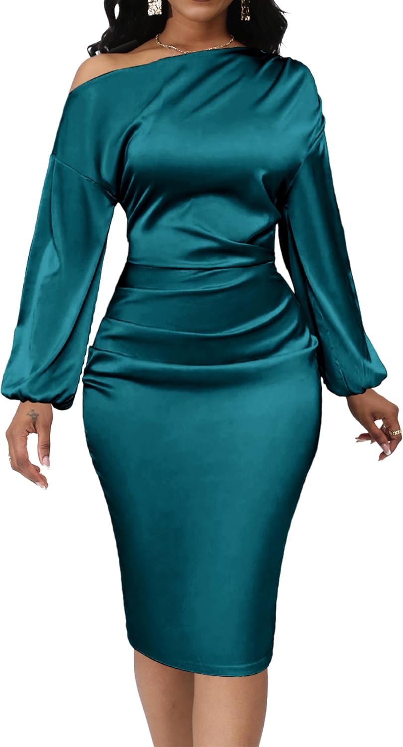 Yiershu Women's Fall Off Shoulder Bodycon Dress Elegant Long Sleeve | Formal Cocktail Party Midi Maxi Dresses for Women Weekend Holiday Club Wedding