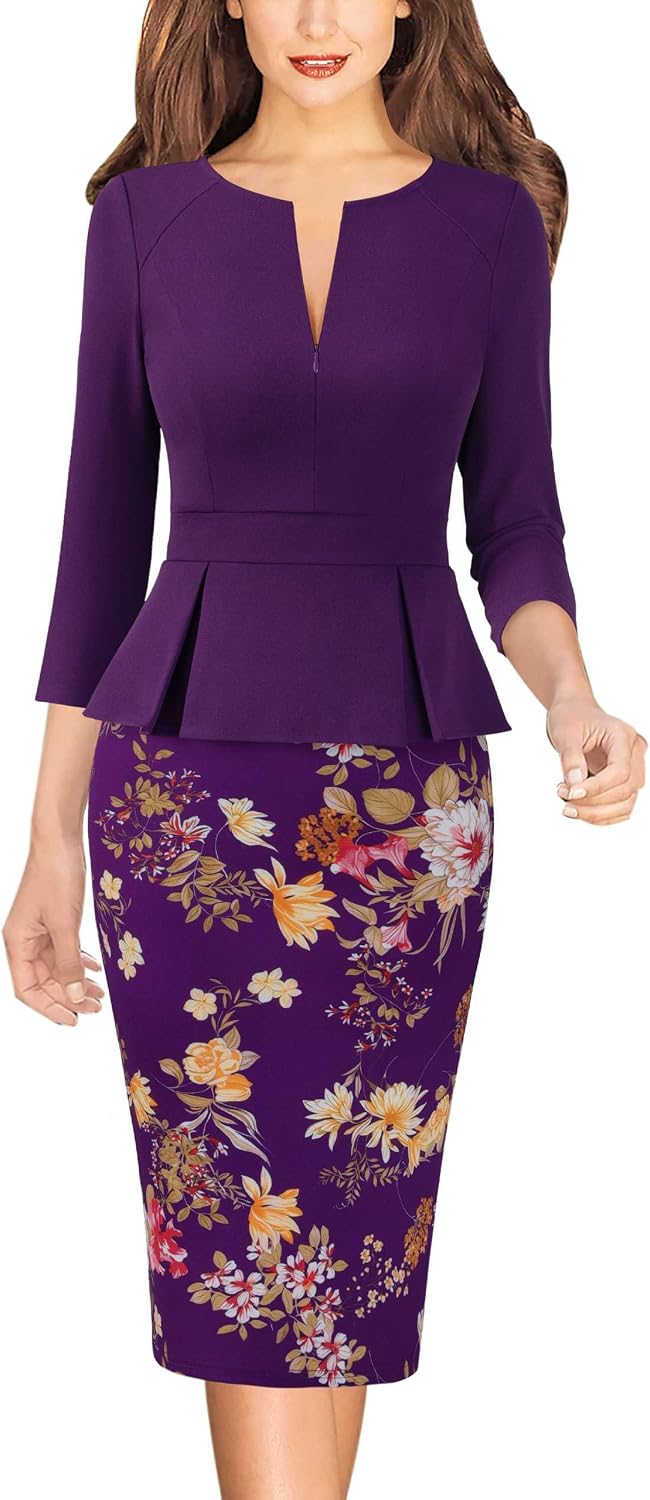 VFSHOW Womens Work Business Office Front Zipper Peplum Church Sheath Dress | 3\/4 Sleeves, Elegant, Spring Fall, Church, Funeral, Slimming Fitted Bodycon Dresses