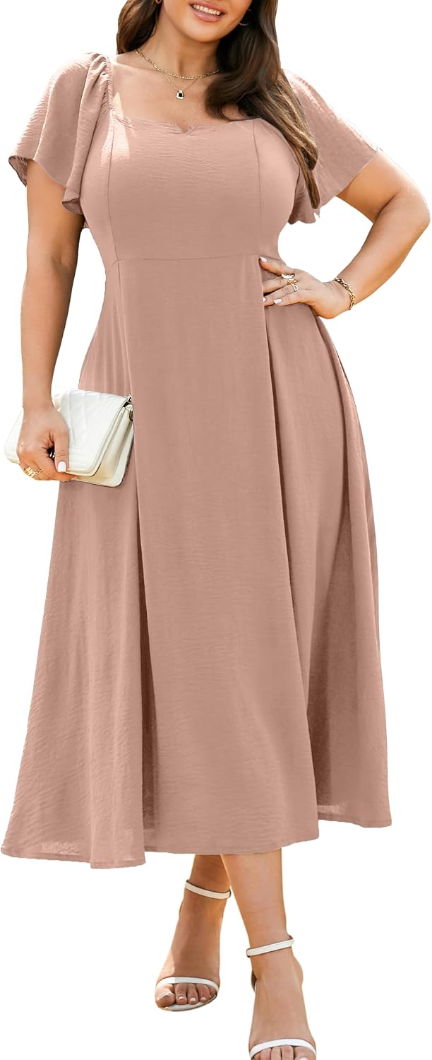 RWJ Plus Size Dresses for Women Wedding Guest Cocktail Summer Maxi Dress | Gowns Evening Party Formal Dresses, Elegant Square V Neck, Short Sleeve Off Shoulder, Pleated Empire Waist Dress with Pockets