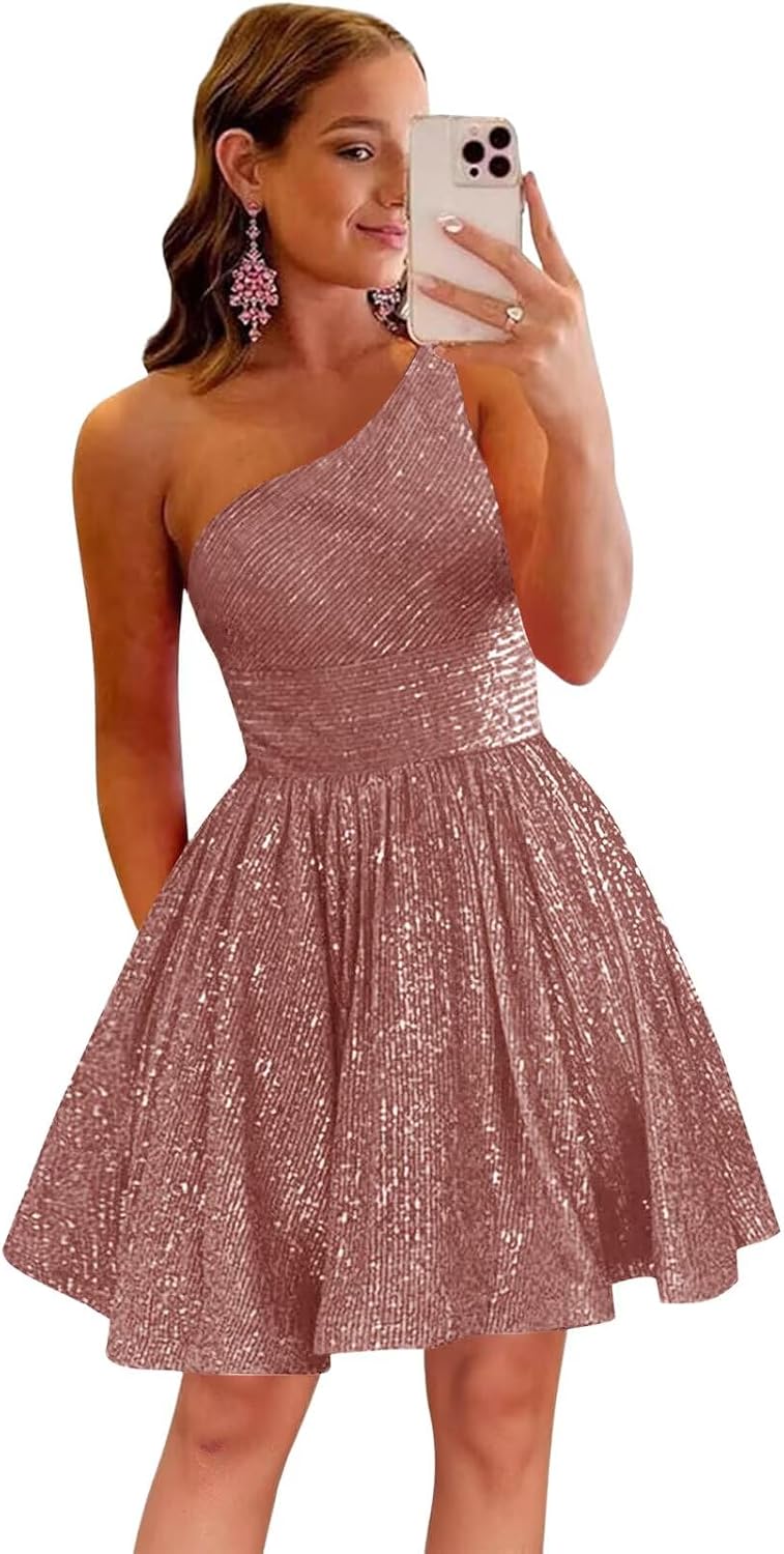 MstinGcc One Shoulder Sequin Sparkly Short Homecoming Dress for Teens 2026 | Glitter HOCO Dresses for Womens A-Line Prom Cocktail Party Dress Backless Sleeveless Corset Mini Gowns