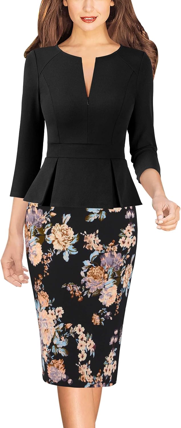 VFSHOW Womens Work Business Office Front Zipper Peplum Church Sheath Dress | 3\/4 Sleeves, Elegant, Spring Fall, Church, Funeral, Slimming Fitted Bodycon Dresses
