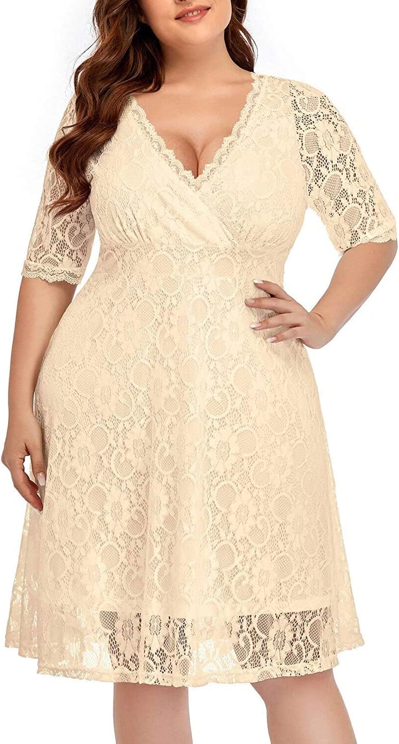 Women's Plus Size Wedding Guest Cocktail Party Semi Formal Lace Dress | Wrap v neck, knee length, half sleeves, midi swing dress, empire waist, elegant floral lace overlay, soft lined
