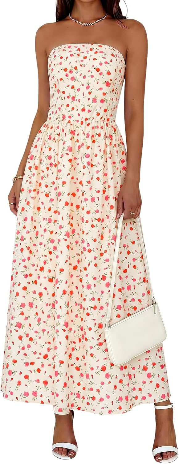 Wenrine Womens Strapless Maxi Dress Summer Polka Dot Long Tube Dresses | Polkadot, Tube Top, Sleeveless, A Line, Flowy, Fit and Flare, Beach, Vacation