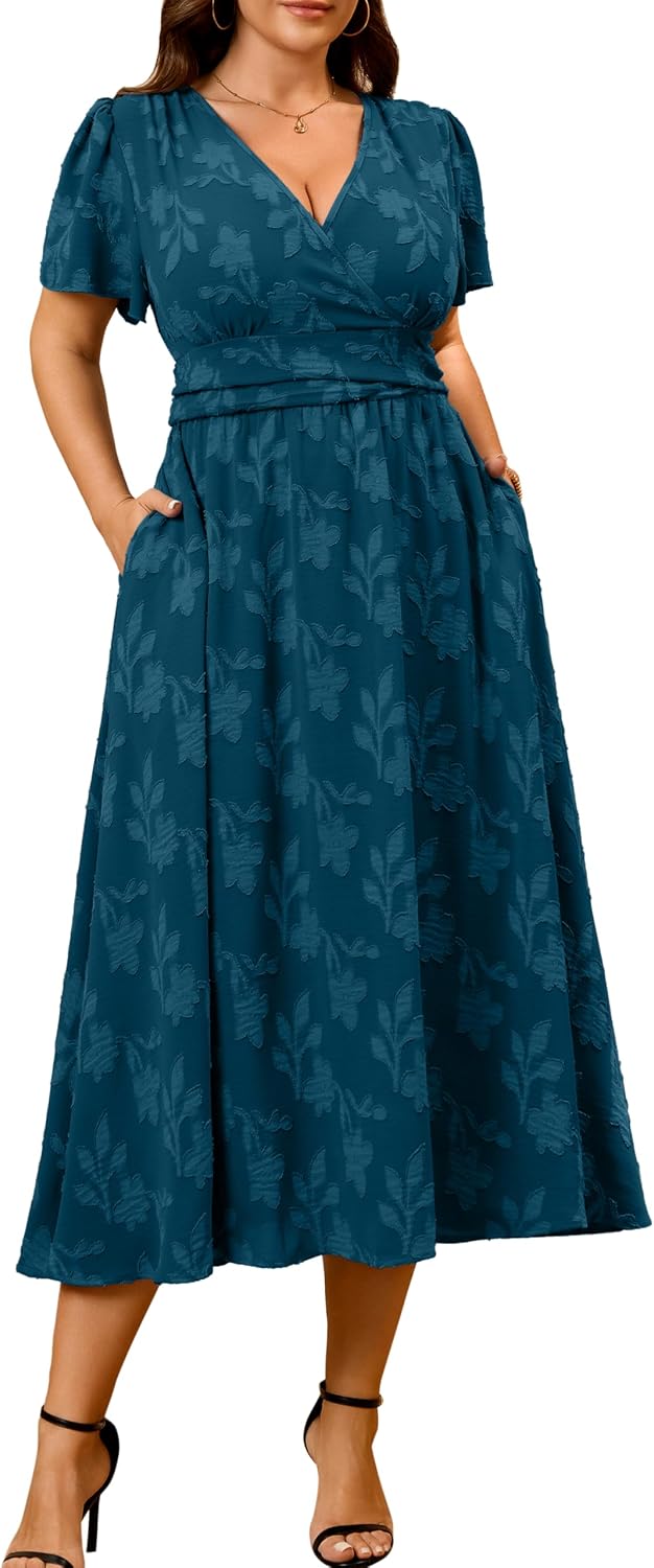 RWJ Womens Plus Size Wedding Guest Dress Summer Boho Floral Maxi Dresses | Semi Formal Evening Party Cocktail Dress with Pockets, Elegant Wrap V Neck Short Sleeve Empire Waist Spring Vacation Outfits