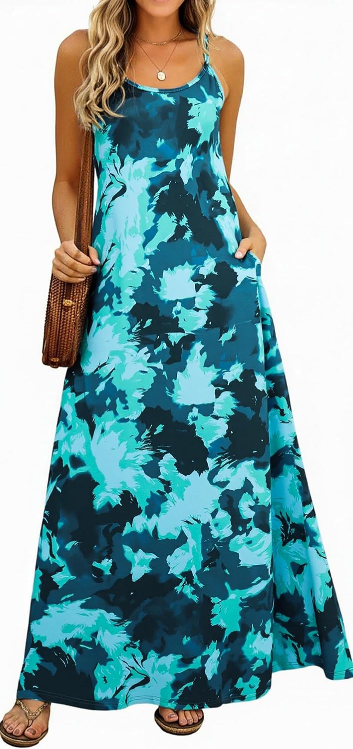 Supnier Women's Summer Spaghetti Strap V-Neck Bohemian Long Maxi Dress | Casual Loose Sleeveless Flowy Floral Long Maxi Dress with Pockets Beach Vacation Sundress