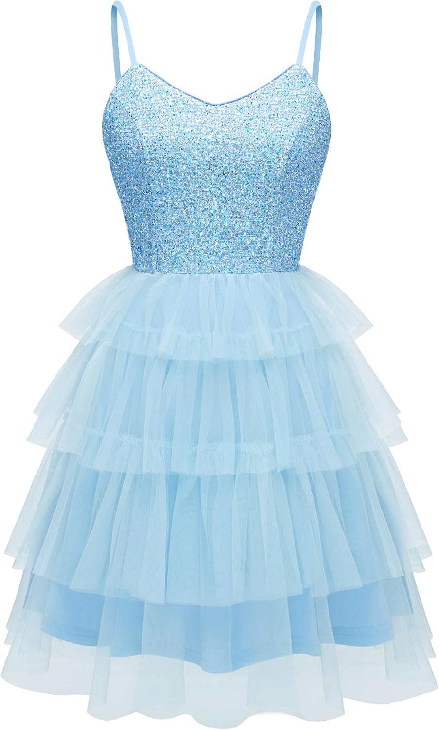 Dressystar 2026 Women's Sequin Prom Mini Homecoming Dresses for Teens | Backless Tiered Tulle, Short A Line Glitter, Sparkly Hoco Cocktail Dress for Women, Adjustable Spaghetti Strap, Formal Party