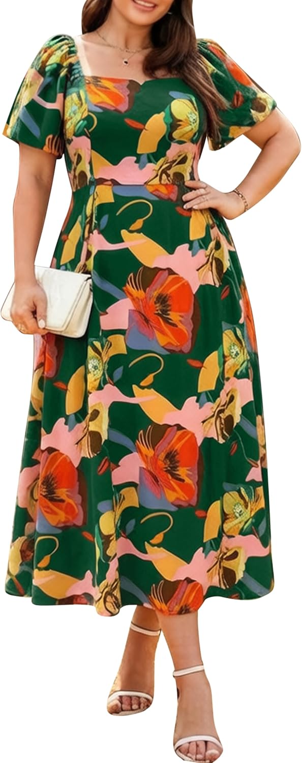 RWJ Plus Size Dresses for Women Wedding Guest Cocktail Summer Maxi Dress | Gowns Evening Party Formal Dresses, Elegant Square V Neck, Short Sleeve Off Shoulder, Pleated Empire Waist Dress with Pockets