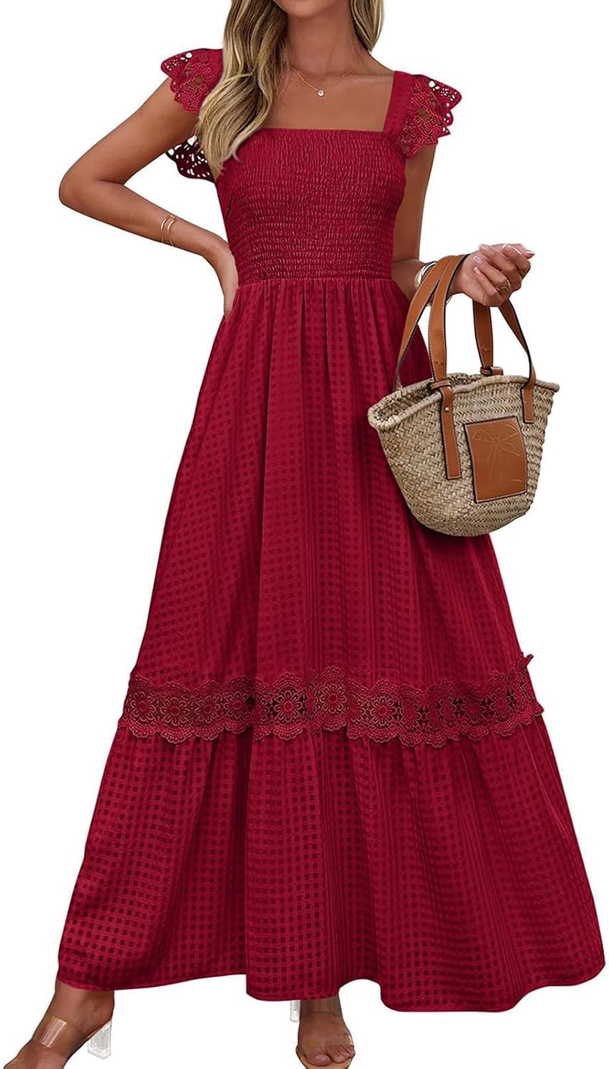 PRETTYGARDEN Women's Smocked Summer Maxi Dresses 2026 Ruffle Cap Sleeve Square Neck Lace Detail Flowy Sundress with Pockets