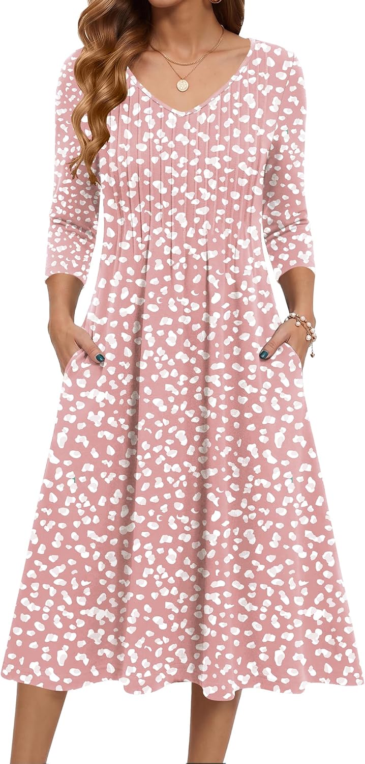 Zeagoo 3\/4 Sleeve Women's Dress Pleated Midi Casual Dresses with Pockets | For A More Flattering Fit, We Recommend Choosing One Size Smaller And Pairing It With Your Own Belt For Decoration.