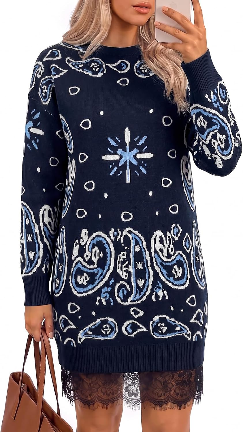 Wenrine Womens Fall Long Sleeve Lace Casual Knit Sweater Mini Dress | Paisley Print, Long Sleeve, Crew Neck, Knit, Loose Fit, Patchwork, High Waist, Quiet Luxury, Short Dress, Casual, Mini