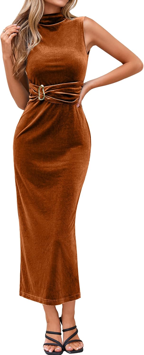 Simplee Womens Fall Formal Sleeveless Velvet Wedding Guest Dress 2026 | Elegant Ruched Waist, Mock Neck, Back Slit, Metal Buckle Accent, Stretch Bodycon Fit And Flare Cocktail Party Dress