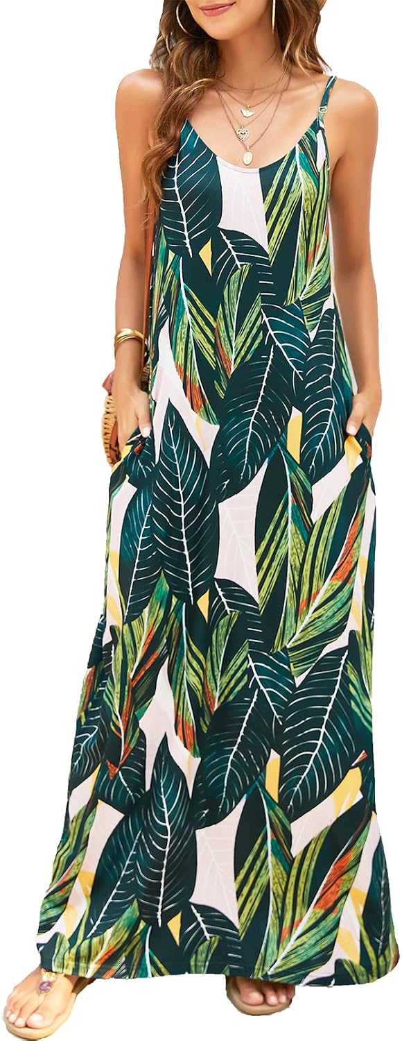 Supnier Women's Summer Spaghetti Strap V-Neck Bohemian Long Maxi Dress | Casual Loose Sleeveless Flowy Floral Long Maxi Dress with Pockets Beach Vacation Sundress