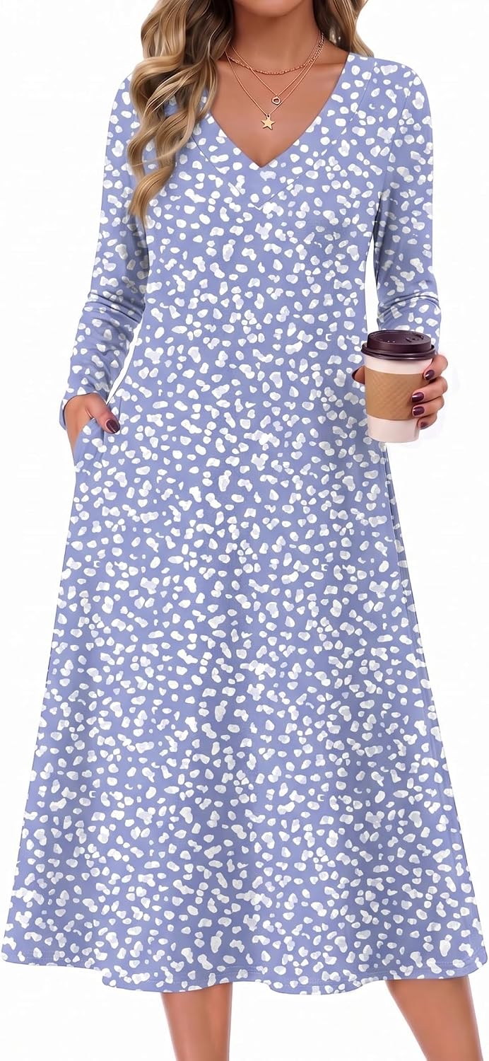 Zeagoo Dresses for Womens Long Sleeve Midi Dress Fall Casual A Line Dress | Fall Outfits 2026,V Neck Flare Dress with Pockets,Winter Long Dresses For Women,Floral Printed,Business Casual,Flowy Swing