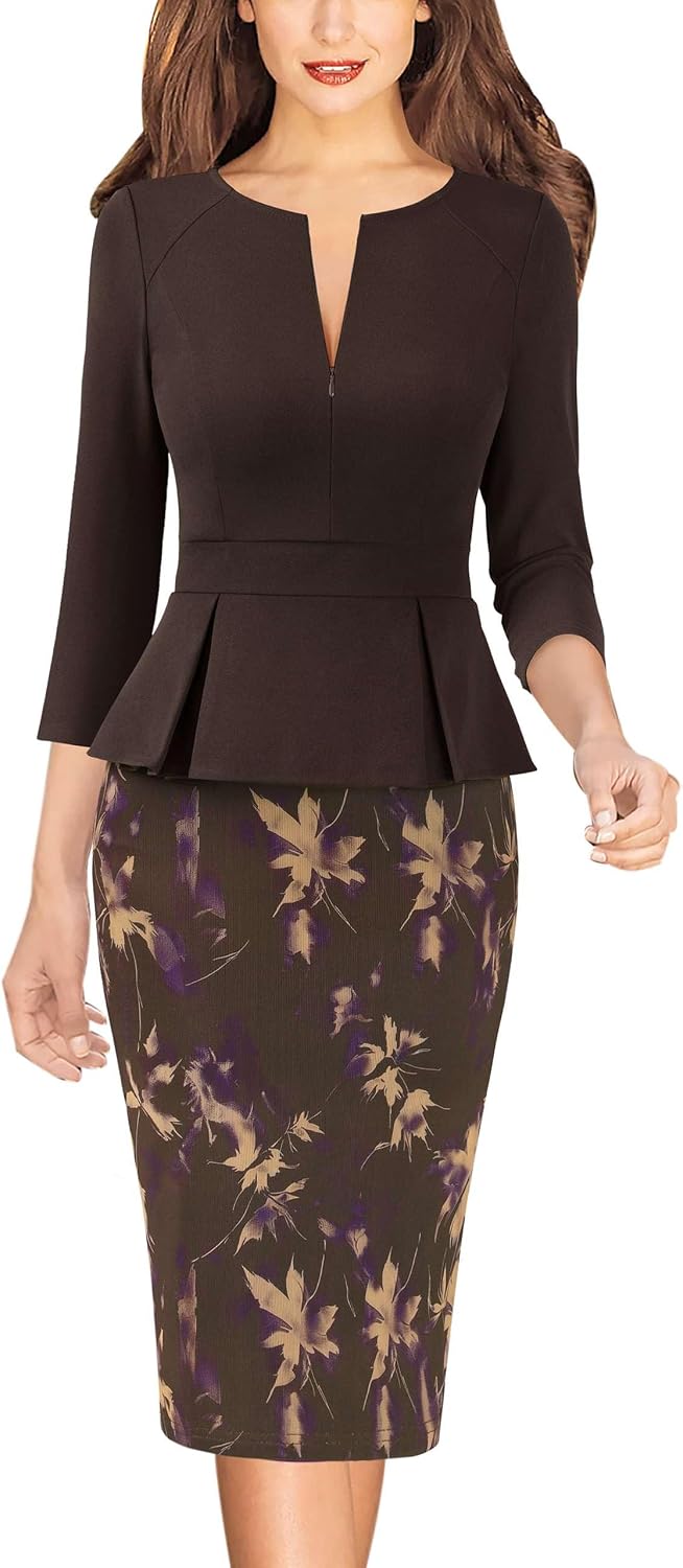 VFSHOW Womens Work Business Office Front Zipper Peplum Church Sheath Dress | 3\/4 Sleeves, Elegant, Spring Fall, Church, Funeral, Slimming Fitted Bodycon Dresses