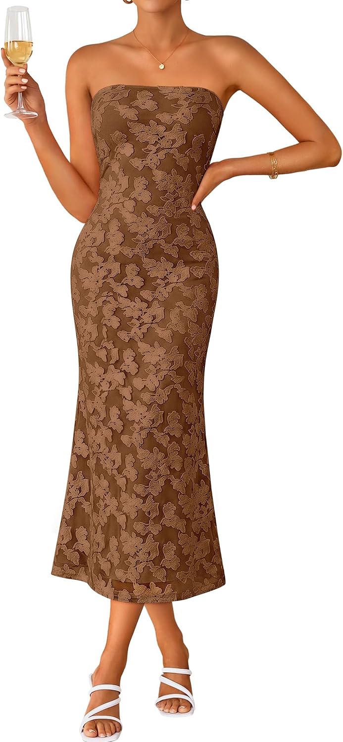 IWD Women's Strapless Floral Bodycon Dress Cocktail Wedding Guest Dresses | Bodycon Tube Floral Midi Dress, Formal Wedding Guest Cocktail Party Dress, 2026 Summer Dresses for Baby Shower & Bridesmaid