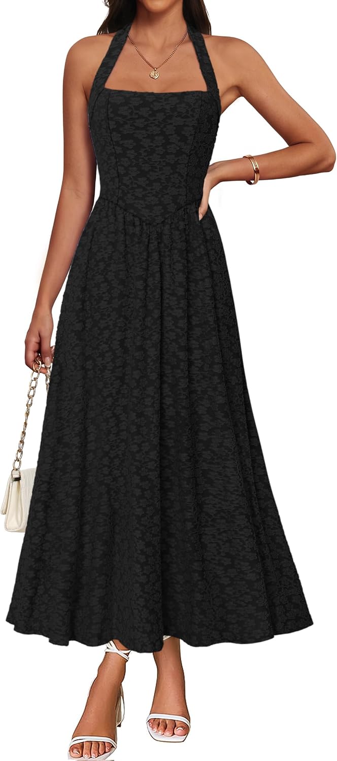 IWD Backless Dress for Women with Jacquard for Summer | Flowy A Line, Floral Textured, Adjustable Halter, Fitted High Waist Sleeveless, Casual Formal Cocktail, Side Pockets