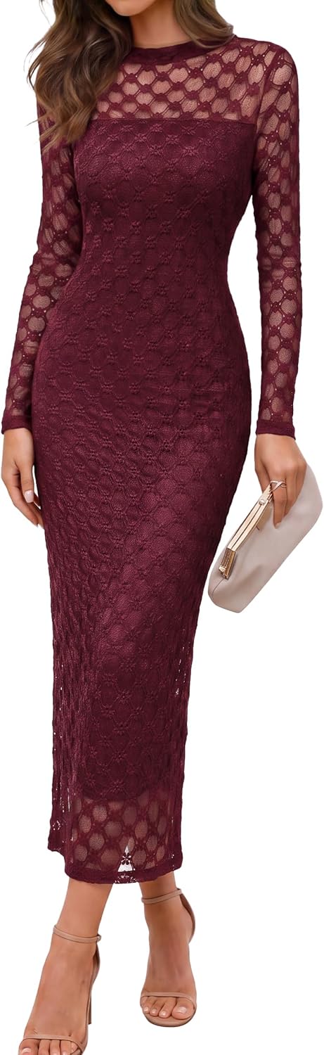 Simplee Womens Lace Maxi Formal Wedding Guest Elegant Bodycon Dress | long Sheer Mesh Sleeve, Crew Neck, Slim Fit, Mermaid, Lined, Cocktail Party, Bridal Shower, Prom, Fall Dresses