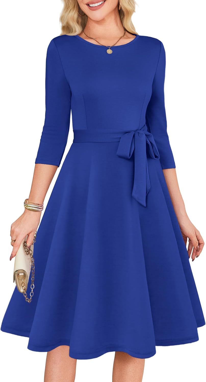 RUMIA Womens Cocktail Dresses 3\/4 Sleeve Dress with Belt (XS-3XL) | Wrinkle-resistant & Tummy-flattering Vintage Fit. Ideal for Wedding Guest, Church, Work, Vacation & Holiday events.