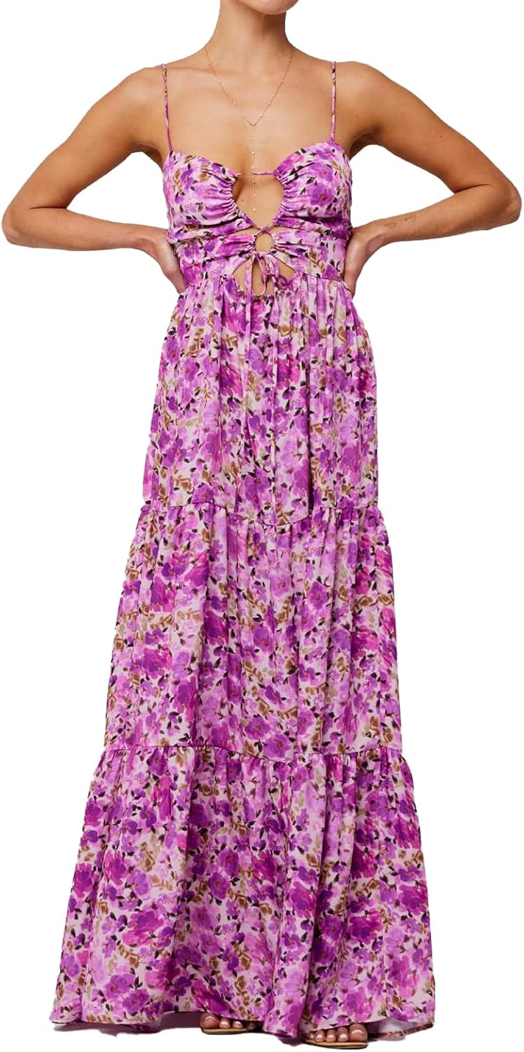 ABYOVRT Women Floral Maxi Dress Tie Front Cut Out Backless Boho Spaghetti Strap Summer Beach Sundress