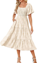 Kikibell Women Boho Maxi Dresses Summer Short Sleeve Square Neck Smocked Flowy Midi Casual Beach Party Dress with Pockets