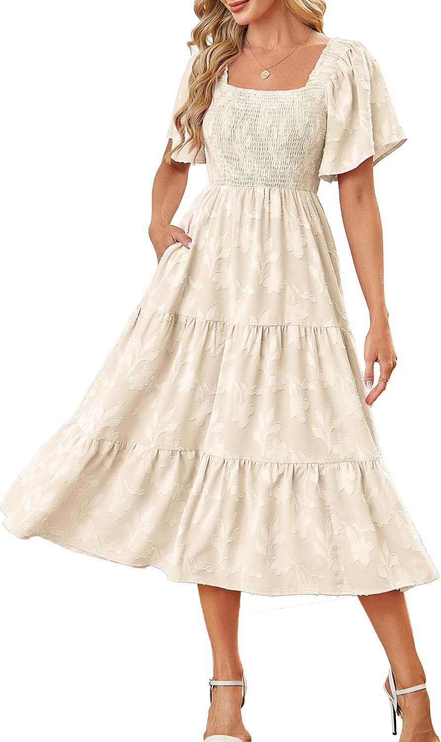 Kikibell Women Boho Maxi Dresses Summer Short Sleeve Square Neck Smocked Flowy Midi Casual Beach Party Dress with Pockets