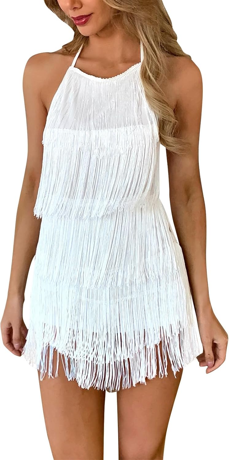 Sexy Backless Fringe Dress Jumpsuit - Womens Club Boho Tassel Tiered Halter Playsuit Festival Bodysuit Romper