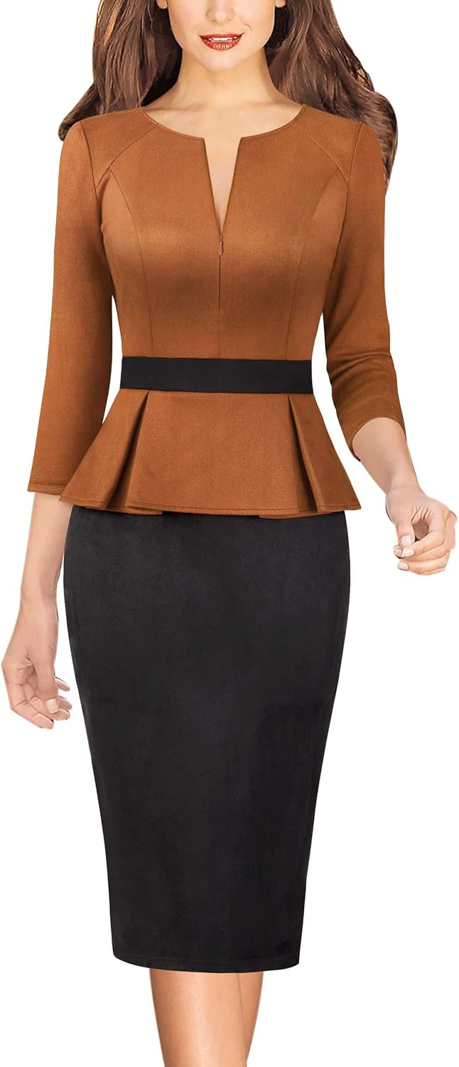VFSHOW Womens Work Business Office Front Zipper Peplum Church Sheath Dress | 3\/4 Sleeves, Elegant, Spring Fall, Church, Funeral, Slimming Fitted Bodycon Dresses
