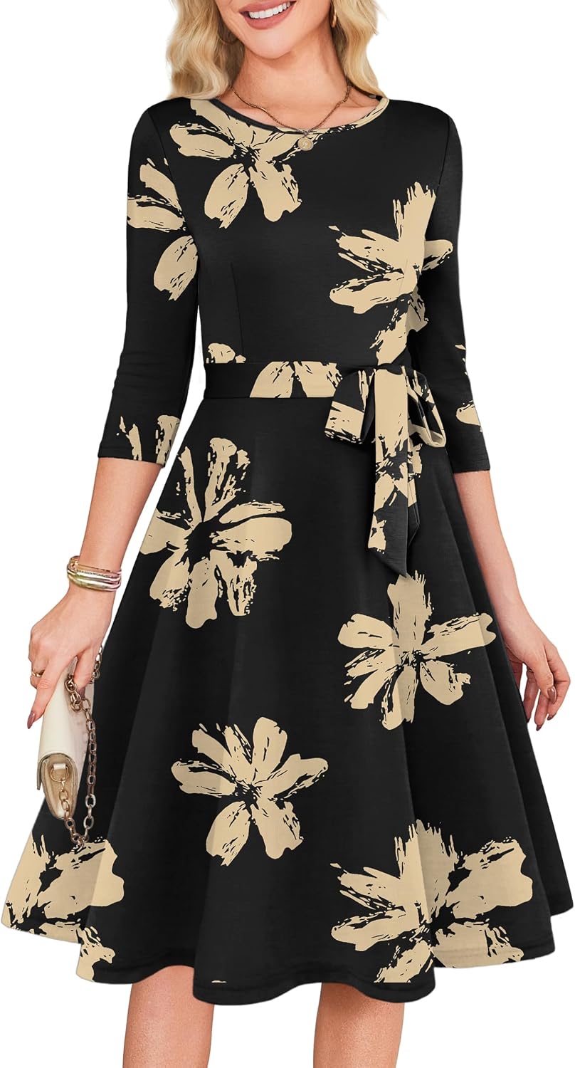 RUMIA Womens Cocktail Dresses 3\/4 Sleeve Dress with Belt (XS-3XL) | Wrinkle-resistant & Tummy-flattering Vintage Fit. Ideal for Wedding Guest, Church, Work, Vacation & Holiday events.