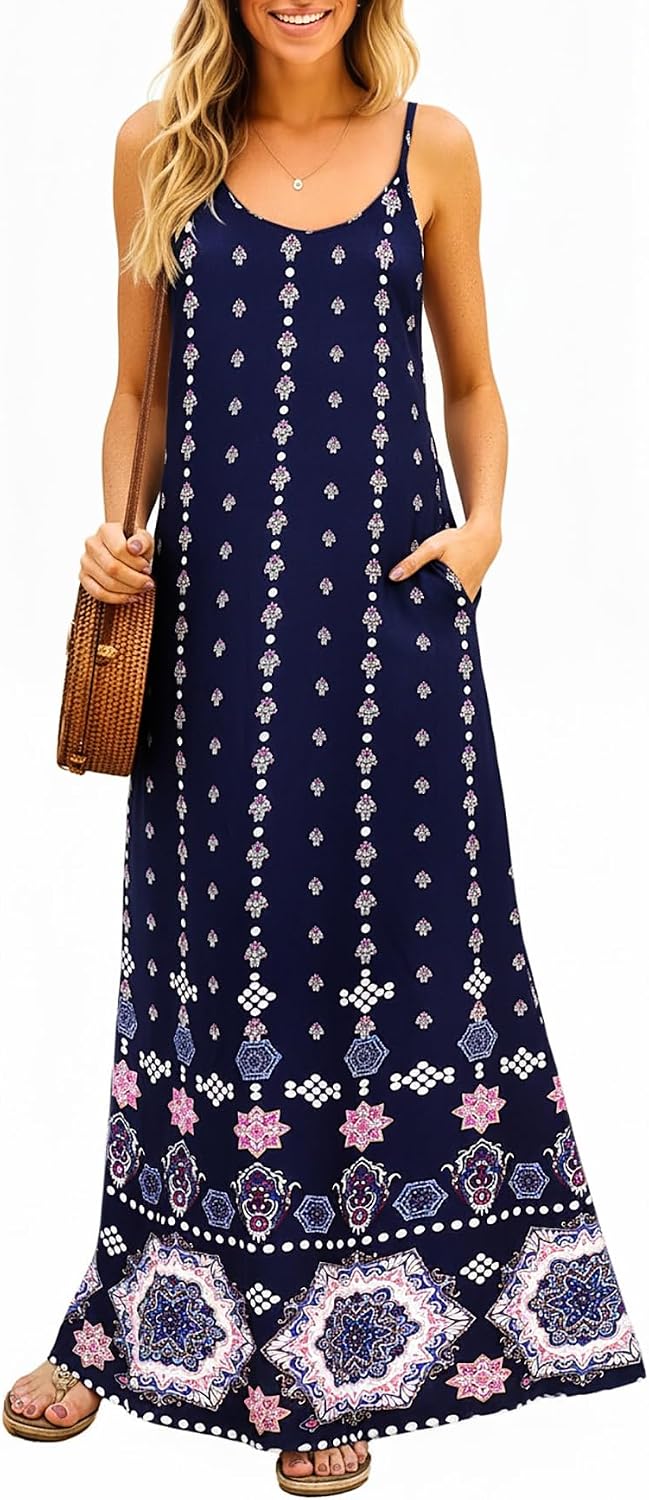 Supnier Women's Summer Spaghetti Strap V-Neck Bohemian Long Maxi Dress | Casual Loose Sleeveless Flowy Floral Long Maxi Dress with Pockets Beach Vacation Sundress