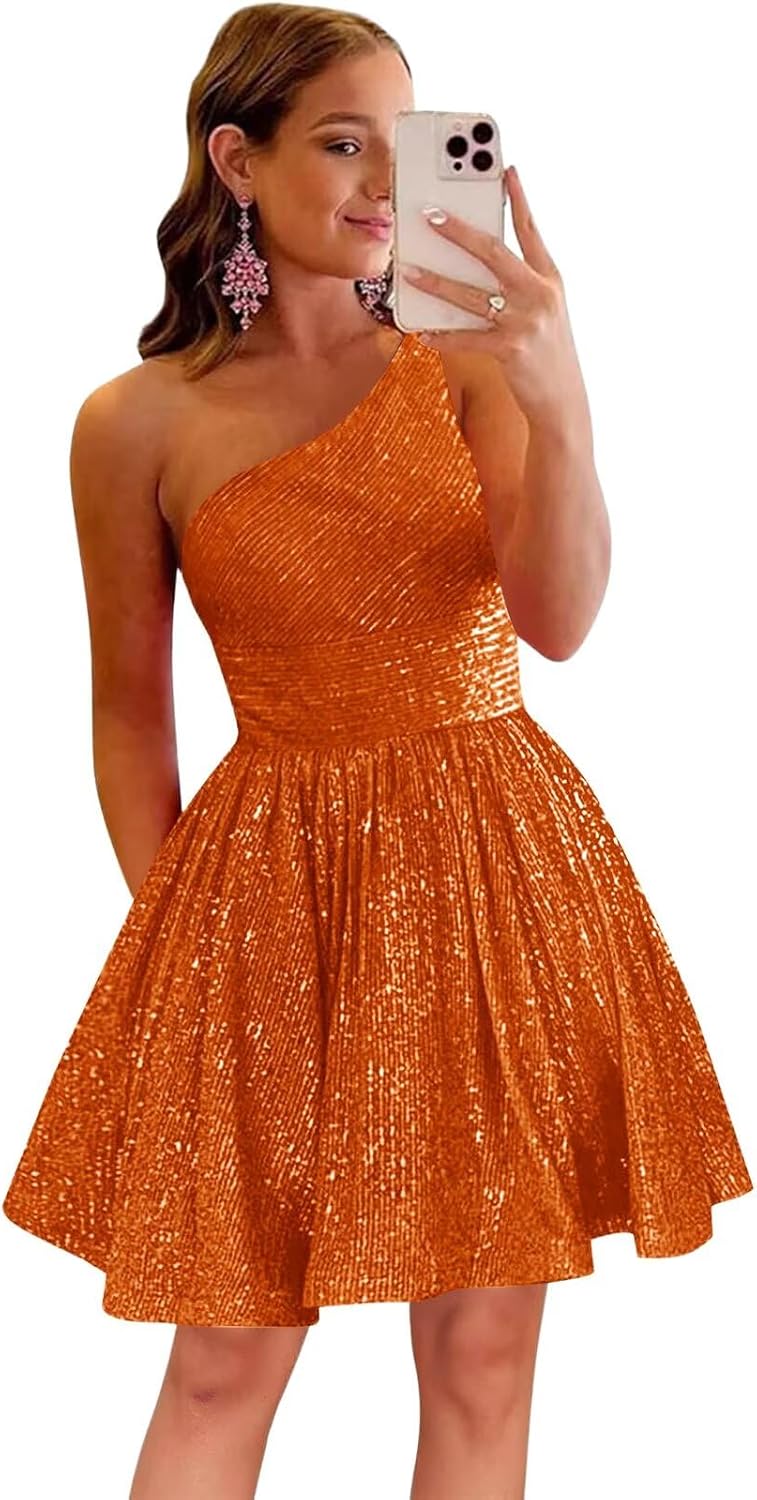 MstinGcc One Shoulder Sequin Sparkly Short Homecoming Dress for Teens 2026 | Glitter HOCO Dresses for Womens A-Line Prom Cocktail Party Dress Backless Sleeveless Corset Mini Gowns