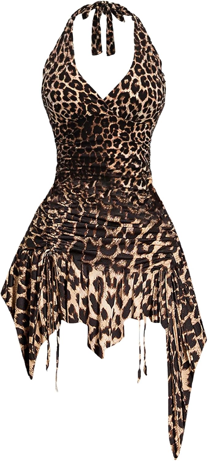 WDIRARA Women's Western Goth Halter Mini Dress Punk Ruched A Line Dresses | Cowgirl Country Concert Rodeo Dress,Asymmetrical,Beaded,Sleeveless, Ruffle,Halloween OutFit