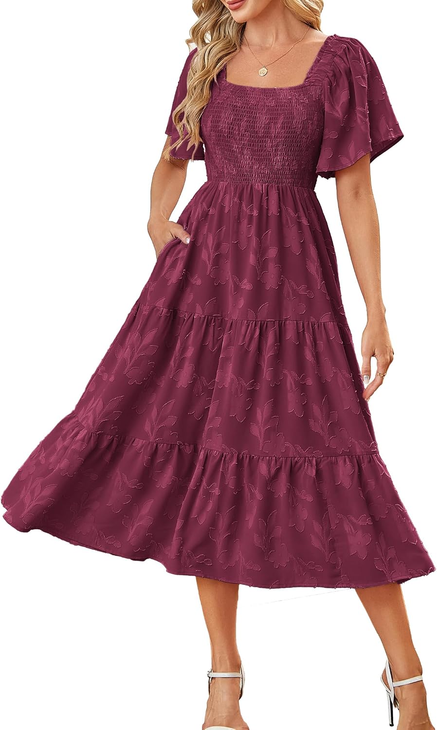 Kikibell Women Boho Maxi Dresses Summer Short Sleeve Square Neck Smocked Flowy Midi Casual Beach Party Dress with Pockets