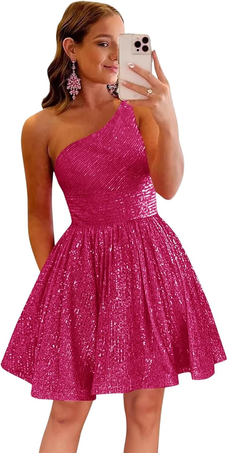 MstinGcc One Shoulder Sequin Sparkly Short Homecoming Dress for Teens 2026 | Glitter HOCO Dresses for Womens A-Line Prom Cocktail Party Dress Backless Sleeveless Corset Mini Gowns