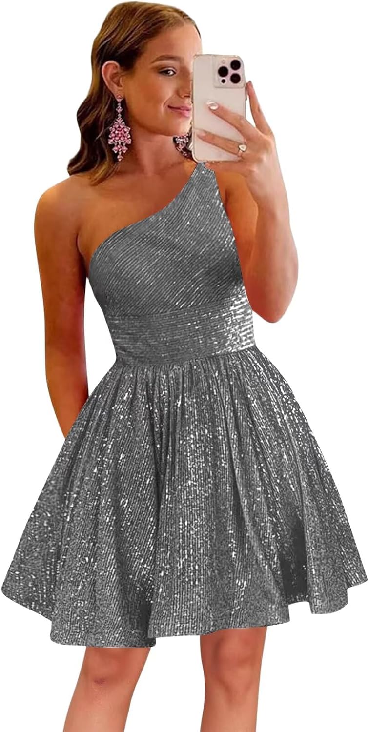 MstinGcc One Shoulder Sequin Sparkly Short Homecoming Dress for Teens 2026 | Glitter HOCO Dresses for Womens A-Line Prom Cocktail Party Dress Backless Sleeveless Corset Mini Gowns