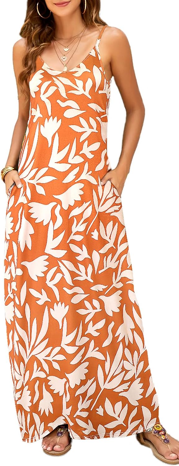 Supnier Women's Summer Spaghetti Strap V-Neck Bohemian Long Maxi Dress | Casual Loose Sleeveless Flowy Floral Long Maxi Dress with Pockets Beach Vacation Sundress