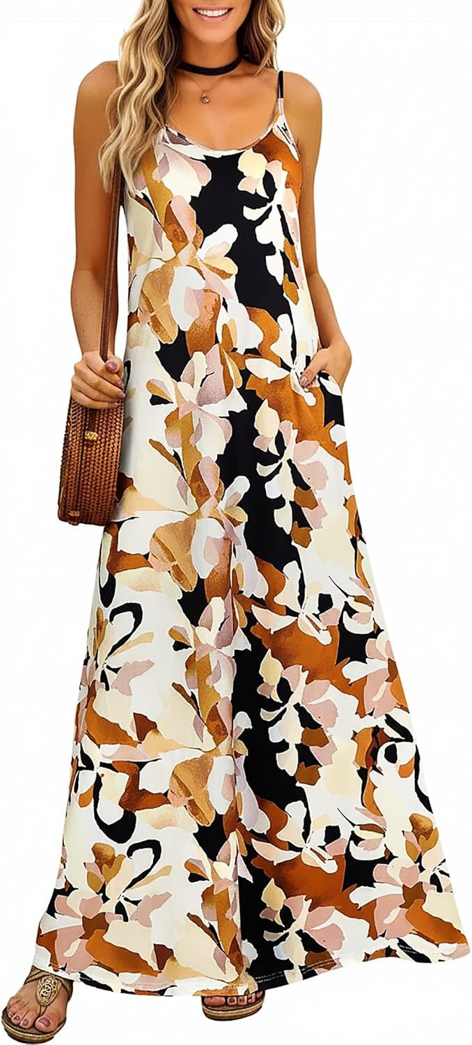 Supnier Women's Summer Spaghetti Strap V-Neck Bohemian Long Maxi Dress | Casual Loose Sleeveless Flowy Floral Long Maxi Dress with Pockets Beach Vacation Sundress