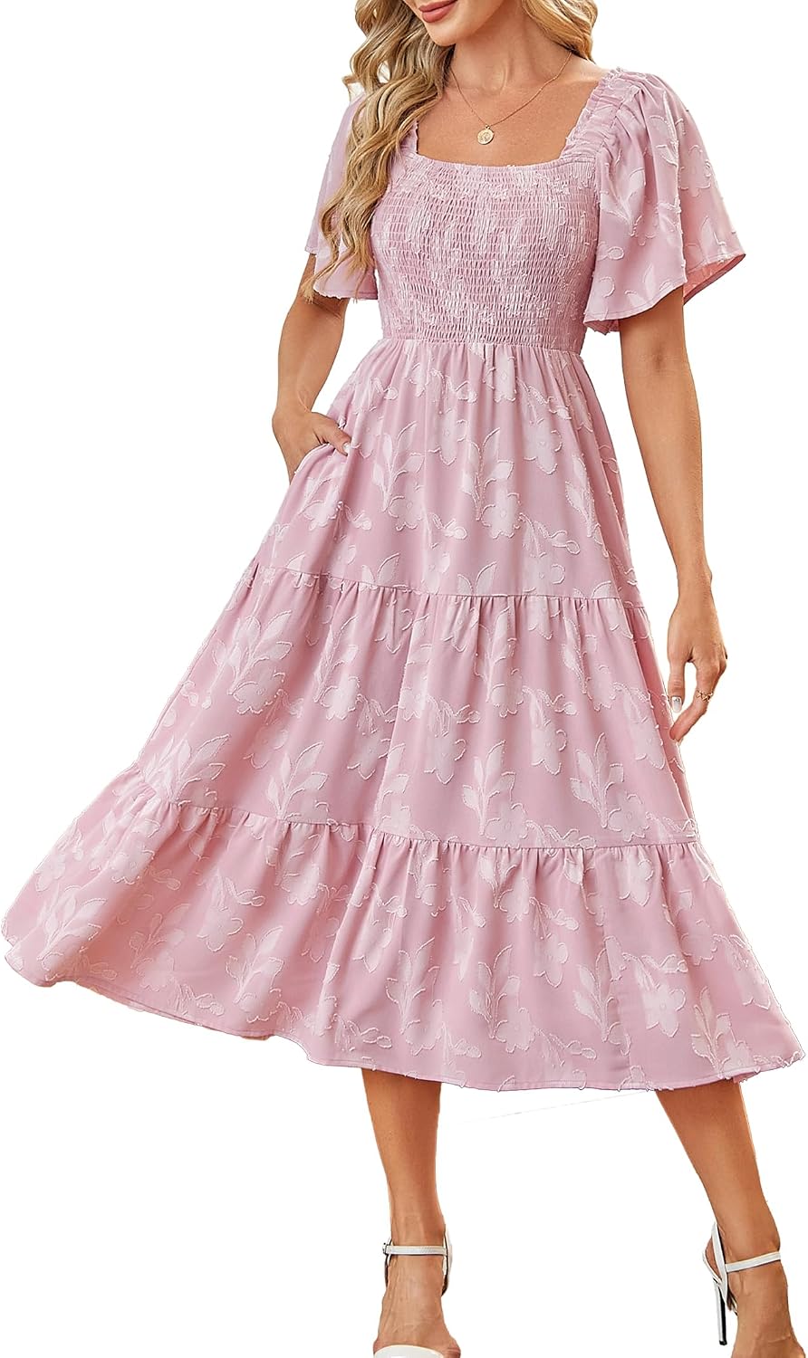Kikibell Women Boho Maxi Dresses Summer Short Sleeve Square Neck Smocked Flowy Midi Casual Beach Party Dress with Pockets