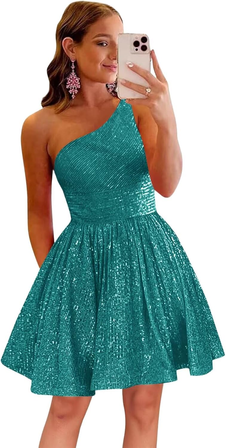 MstinGcc One Shoulder Sequin Sparkly Short Homecoming Dress for Teens 2026 | Glitter HOCO Dresses for Womens A-Line Prom Cocktail Party Dress Backless Sleeveless Corset Mini Gowns