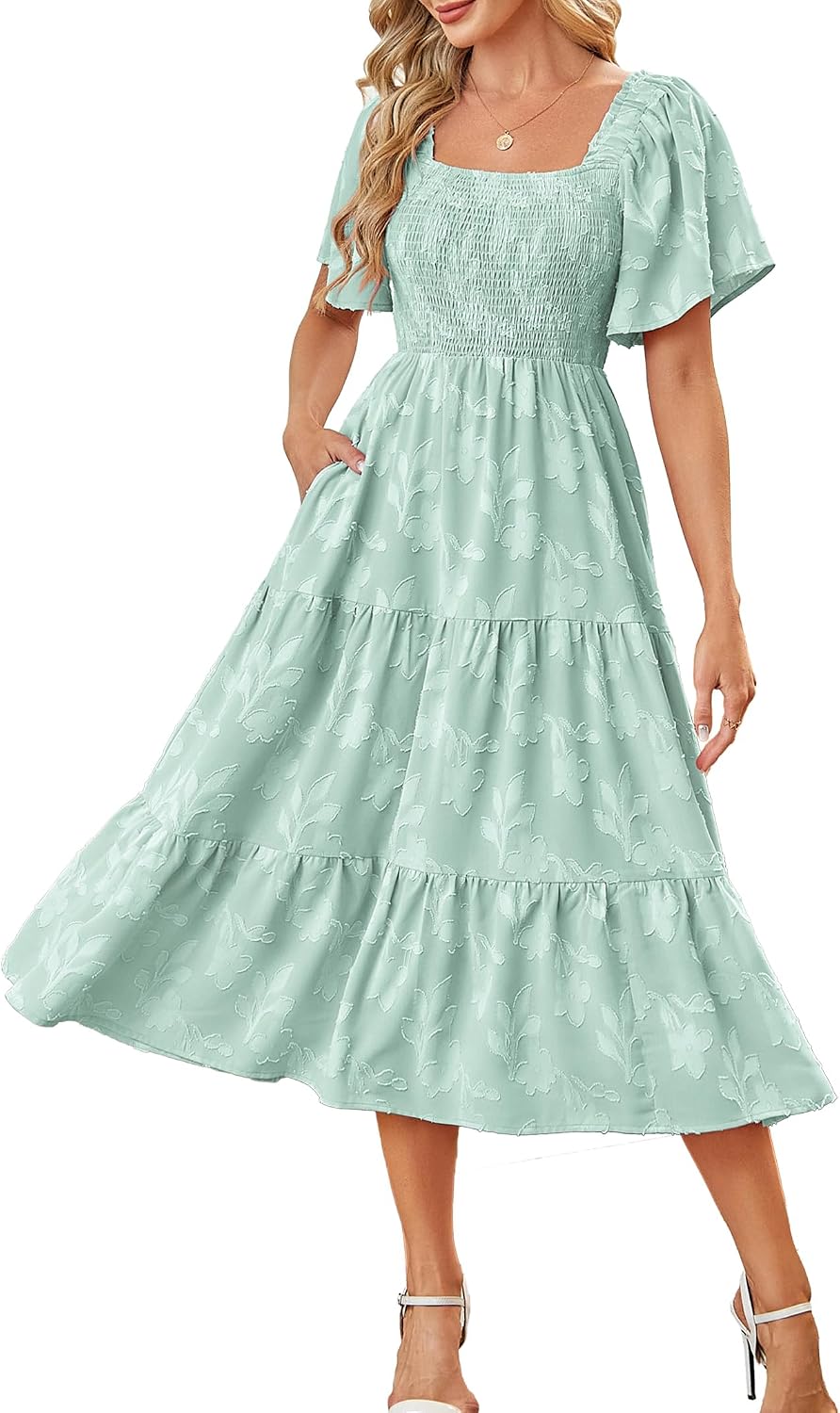 Kikibell Women Boho Maxi Dresses Summer Short Sleeve Square Neck Smocked Flowy Midi Casual Beach Party Dress with Pockets