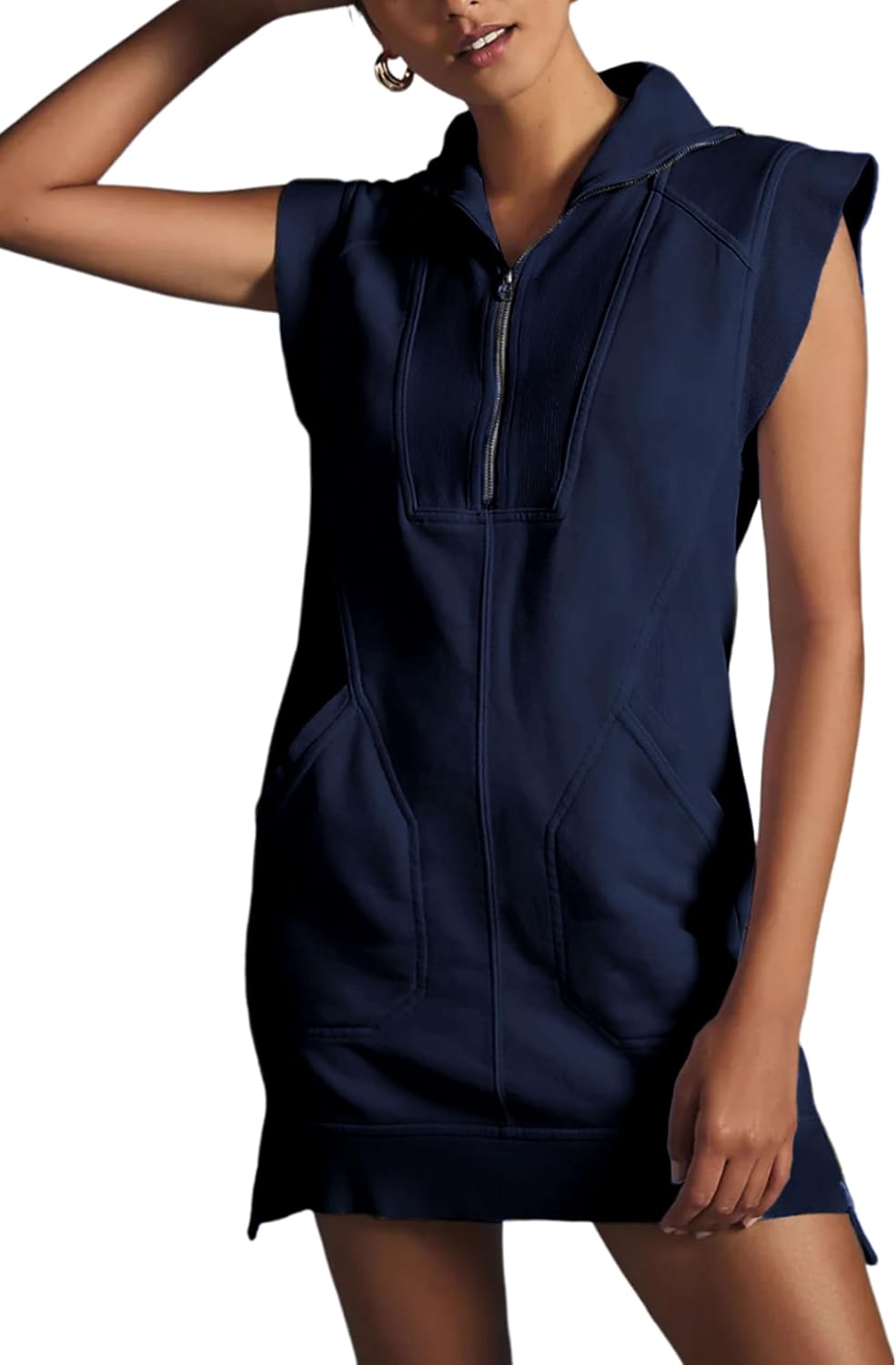 Qiaomai Womens Half Zip Sweatshirt Dresses Summer V Neck Sleeveless Pullover Tunic Tops Mini Dress