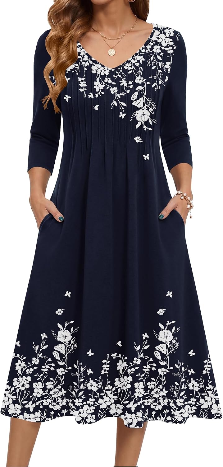 Zeagoo 3\/4 Sleeve Women's Dress Pleated Midi Casual Dresses with Pockets | For A More Flattering Fit, We Recommend Choosing One Size Smaller And Pairing It With Your Own Belt For Decoration.