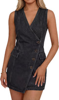 Denim Dress for Women Sleeveless V Neck A-Line Casual Summer Button Down Wrap Mini Jean Dress