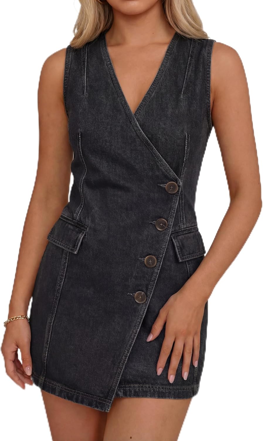 Denim Dress for Women Sleeveless V Neck A-Line Casual Summer Button Down Wrap Mini Jean Dress