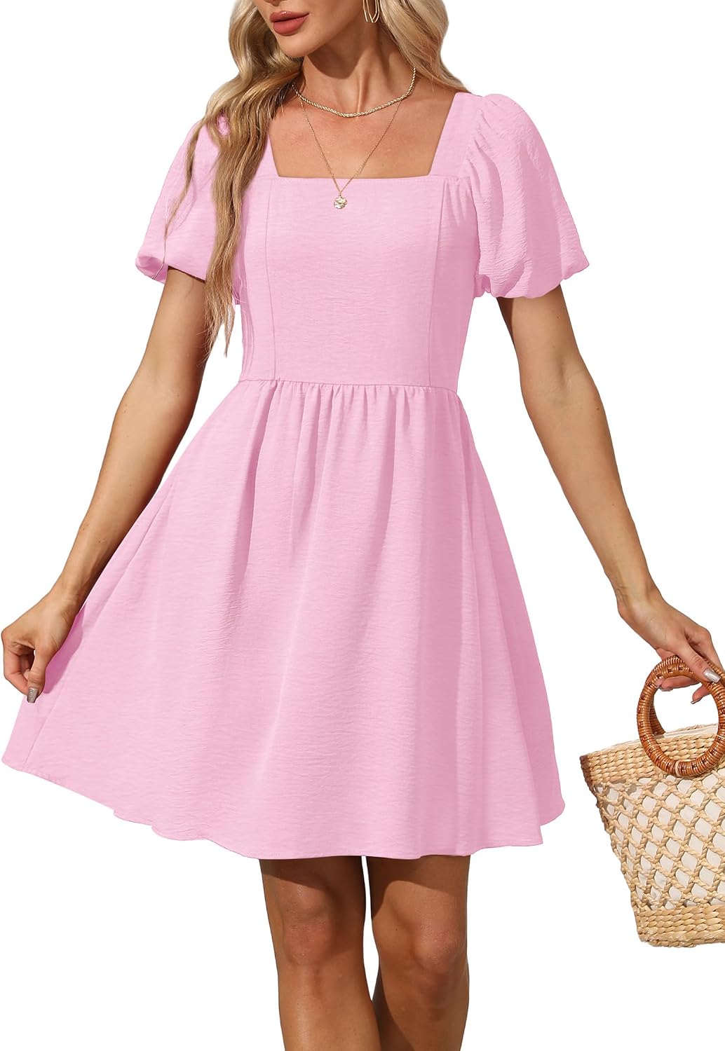 OFEEFAN Women Puff Sleeve Square Neck Tie in Back Dresses with Zipper